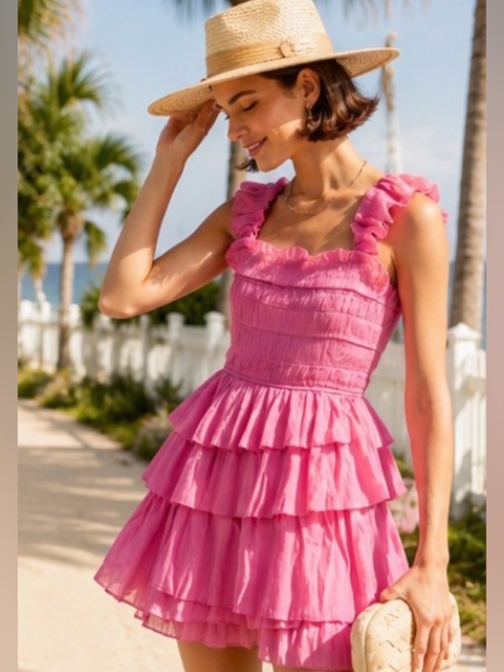 Sea New York Cole Smocked Ramie Mini Dress | Pink Tiered Ruffle Dress | Size S